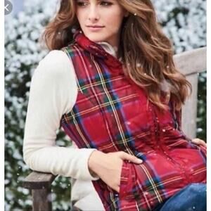 Lands End Down Vest Women Small Red Tartan Plaid Quilted Puffer Holiday